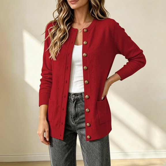 ClodeEU Women's Round Neck Button Front Knit Cardigan with Pockets,Casual Long Sleeve Knit Outerwear ,Women's S-XXXL