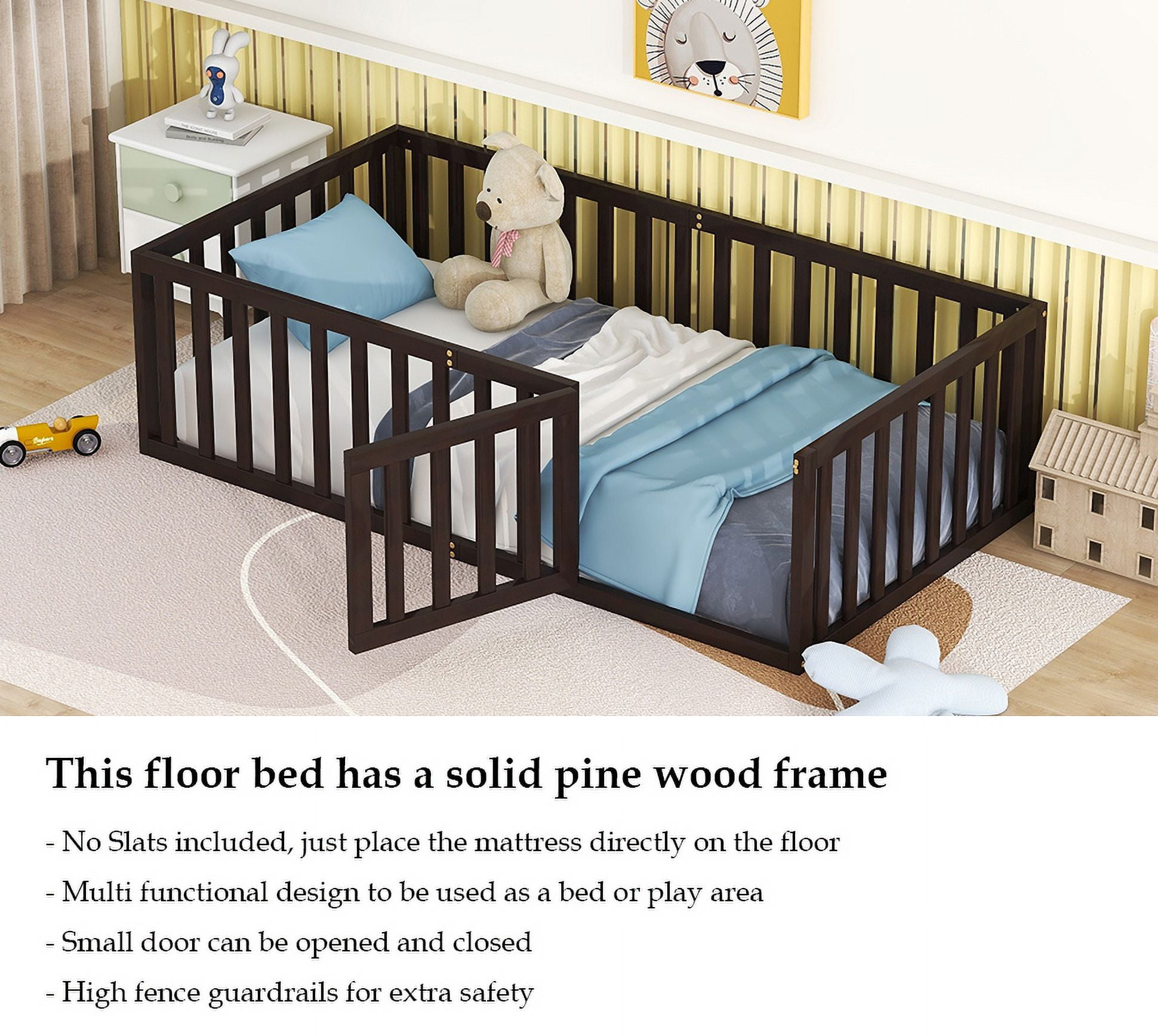 Bellemave Twin Size Floor Bed with Fence and Door, Wood Montessori Bed Frame, Floor Bed Frame, Slats Not Included (Twin,Walnut)