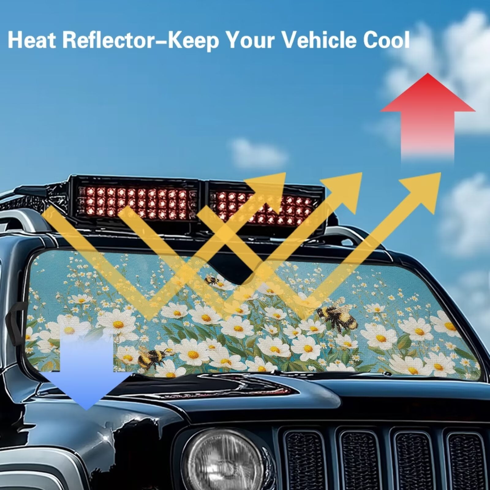 Uorisanigo Windshield Sun Shade Daisy Bee Print Windshield Shade Compatible with 2007-2024 Wrangler Rubicon Sahara TJ JK JKU 2 & 4 Door Heat Shield Sun Visor Cover Block UV Rays ,1Pc