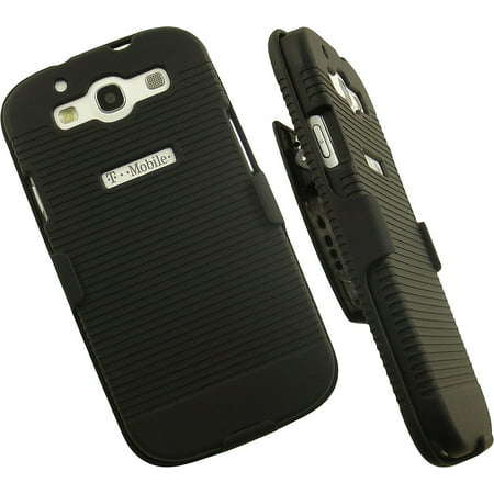NAKEDCELLPHONE'S BLACK RUBBERIZED HARD CASE COVER + BELT CLIP HOLSTER STAND FOR SAMSUNG GALAXY S3 III
