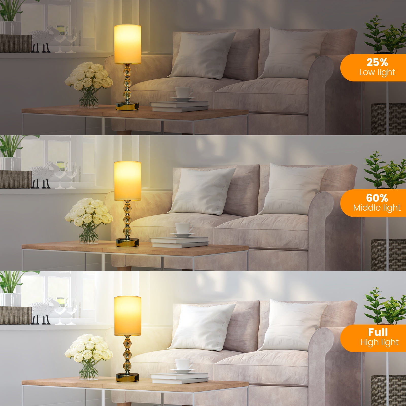 Touch Crystal Table Lamp, Small Bedside Lamp with USB C+A Charging Port and AC Outlet, 3 Way Dimmable Nightstand Lamp for for Bedroom Living Room, Office