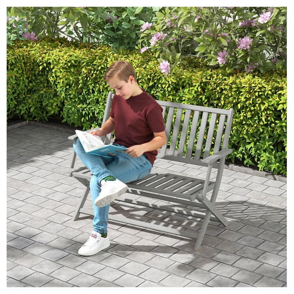 2-Person Wood Outdoor Bench with Backrest - Foldable Acacia Garden Bench for Patio, Porch, Park, Gray