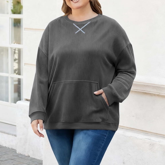 cocolona Womens Plus Size Tops Fall Winter Long Sleeve Crew Neck Shirts Oversized Pullover Sweatshirts Dressy Casual Blouses with Pockets