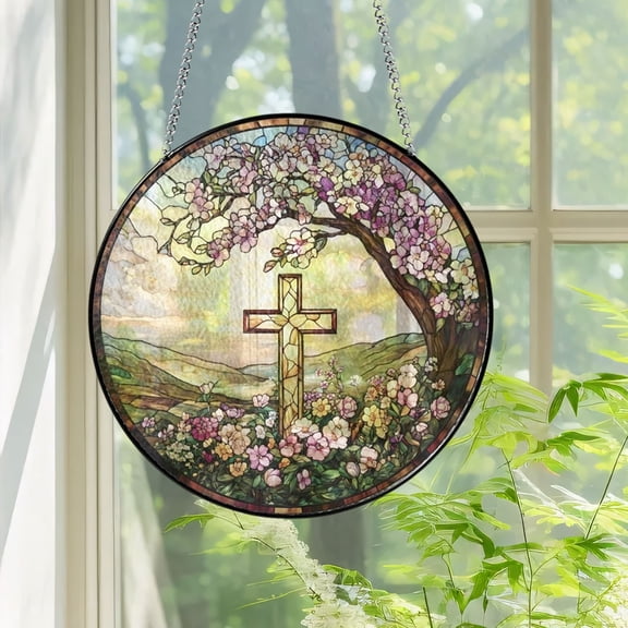 Easter Decor,Easter Decorations,Flower Suncatcher Faux Stained Glass Window Hanging Christ Wall Art Religious Bible Verse Gift,Easter Decorations for Spring Home Decor(F)