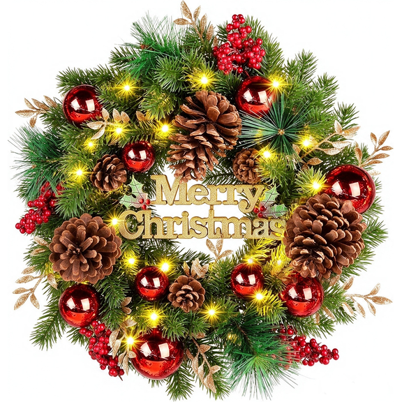 Areker Christmas Wreath with Lights,16In Battery Operated 40LED Pre-Lit Artificial Christmas Wreath,Gold Leaves,Pine Needles,Cones,Red Berries,Red Spheres,for Indoor Outdoor Fireplace Window Decor