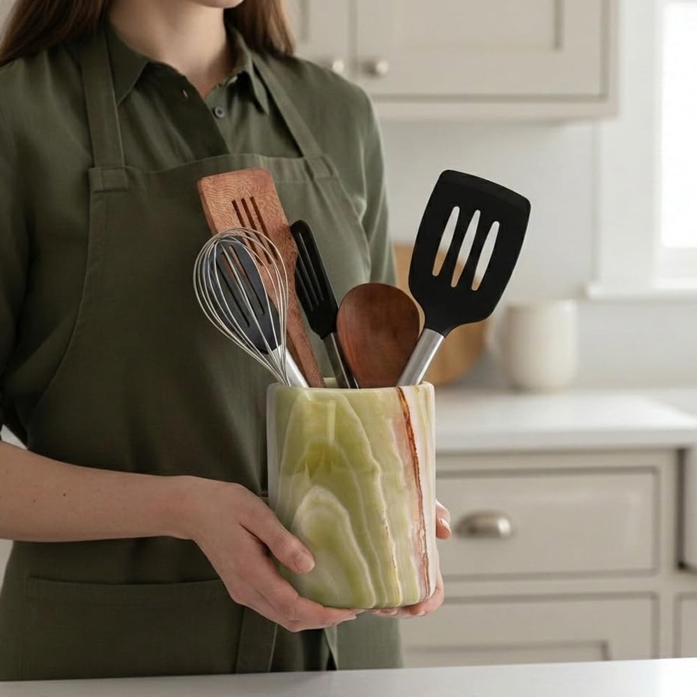 Radicaln Marble Utensil Holder for Kitchen Counter 6.5 inches – Green Onyx Cooking Utensil Organizer, Spoon and Ladle Holder, Kitchen Counter Décor