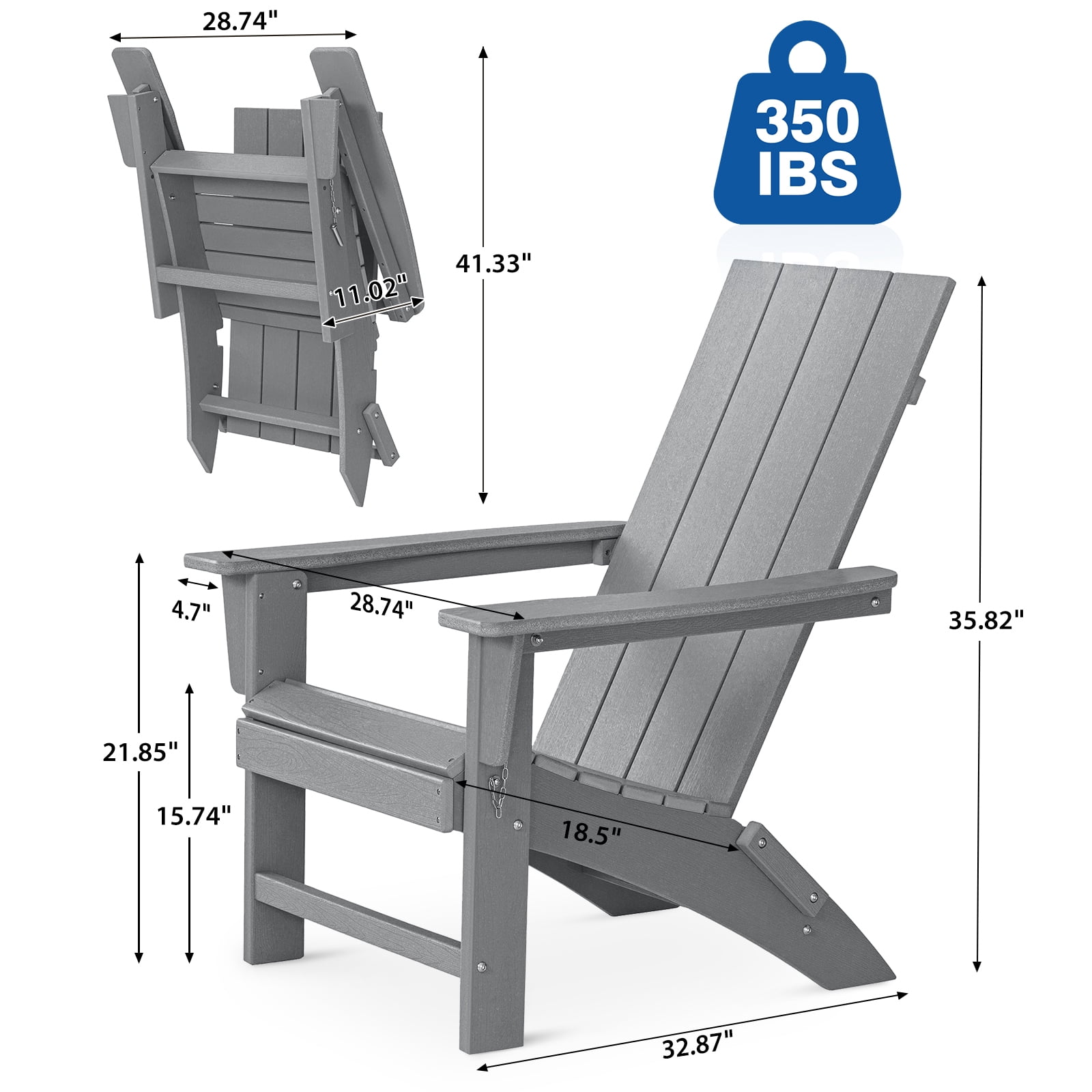 Garpans Folding Adirondack Chairs Set of 2 Weather Resistant Outdoor Adirondack Chair HDPE Outdoor Chair for Patio Front Porch Pool Garden Deck Fire Pit Outside, Gray