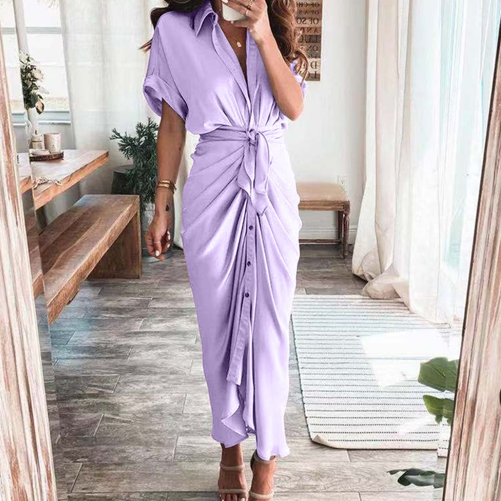 Cathalem Summer Babydoll Dresses for Women Cut Out Backless Ruffle Boho Beach Vacation Short Sundresses Purple XL