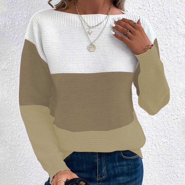 Suéter de cuello redondo para mujer, suéter de punto con empalme de color en contraste, cuello redondo, manga larga, blusa para mujer