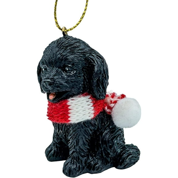 Black Cockapoo Puppy Dog Christmas Tree Ornament with Candy Cane Scarf
