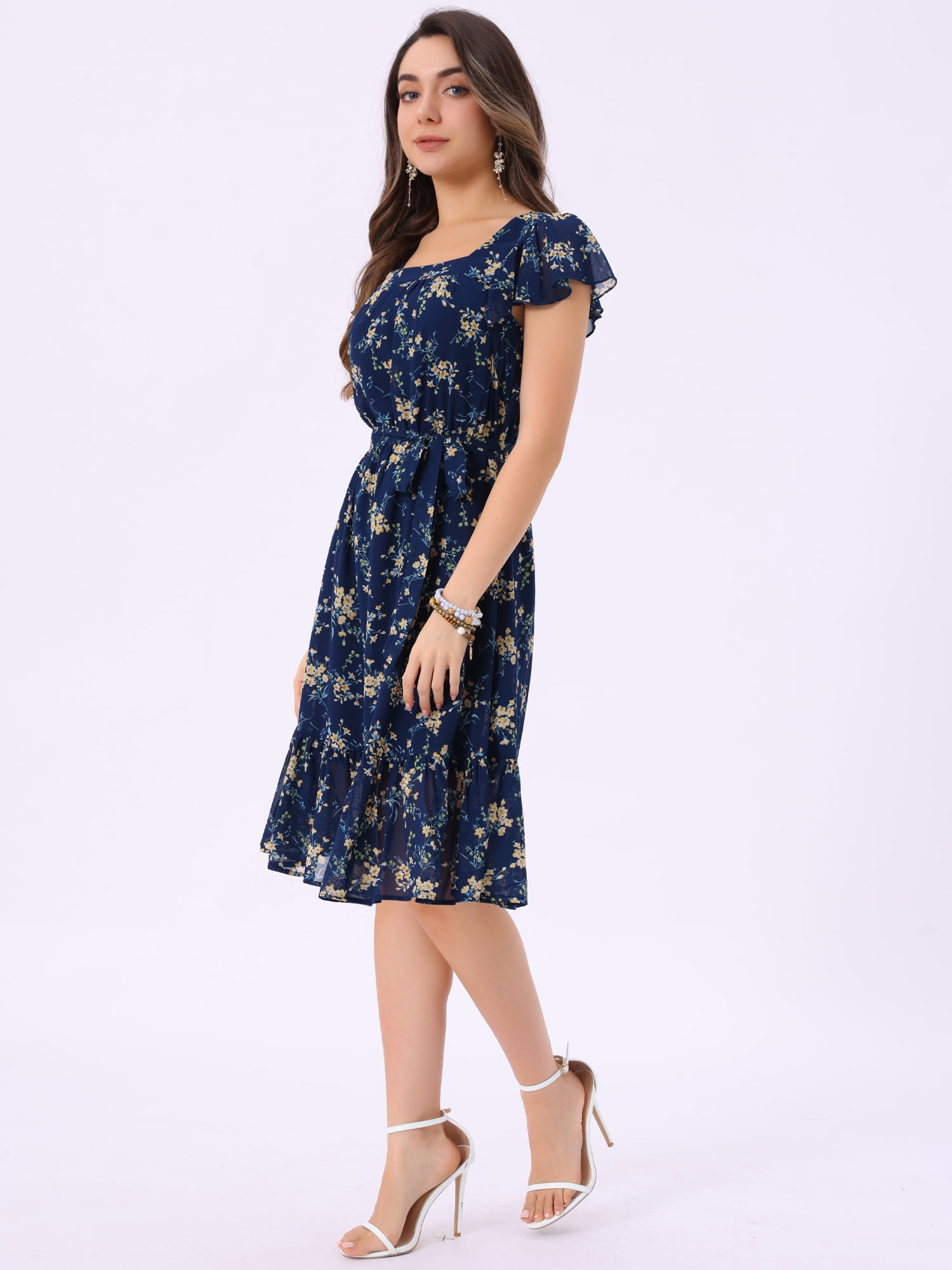 DARING DIVA Square Neck Flutter Sleeve A-Line Midi Dress S Blue