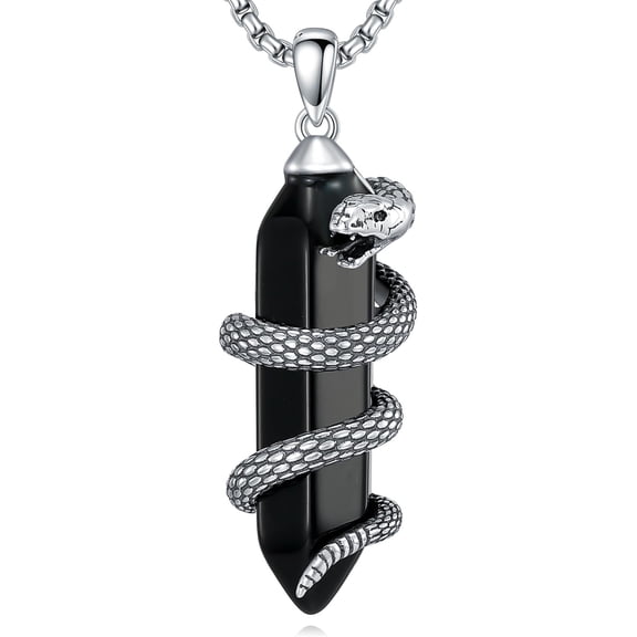 AOBOCO Snake Necklace with Black Obsidian 925 Sterling Silver Serpent Pendant Necklaces Jewelry for Men Women, w/Stainless Steel Chain 22'' 2''