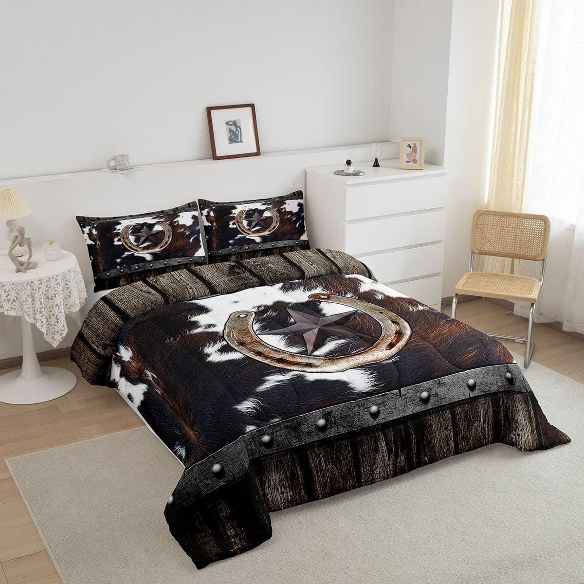 Western Texas Star Comforter Set Cowhide Horseshoe Bedding Sets Adults Men Full,Rustic Farmhouse Barn Door Down Comforter Country Farm Highland Cow Quilt Duvet Cowboys Room Decor