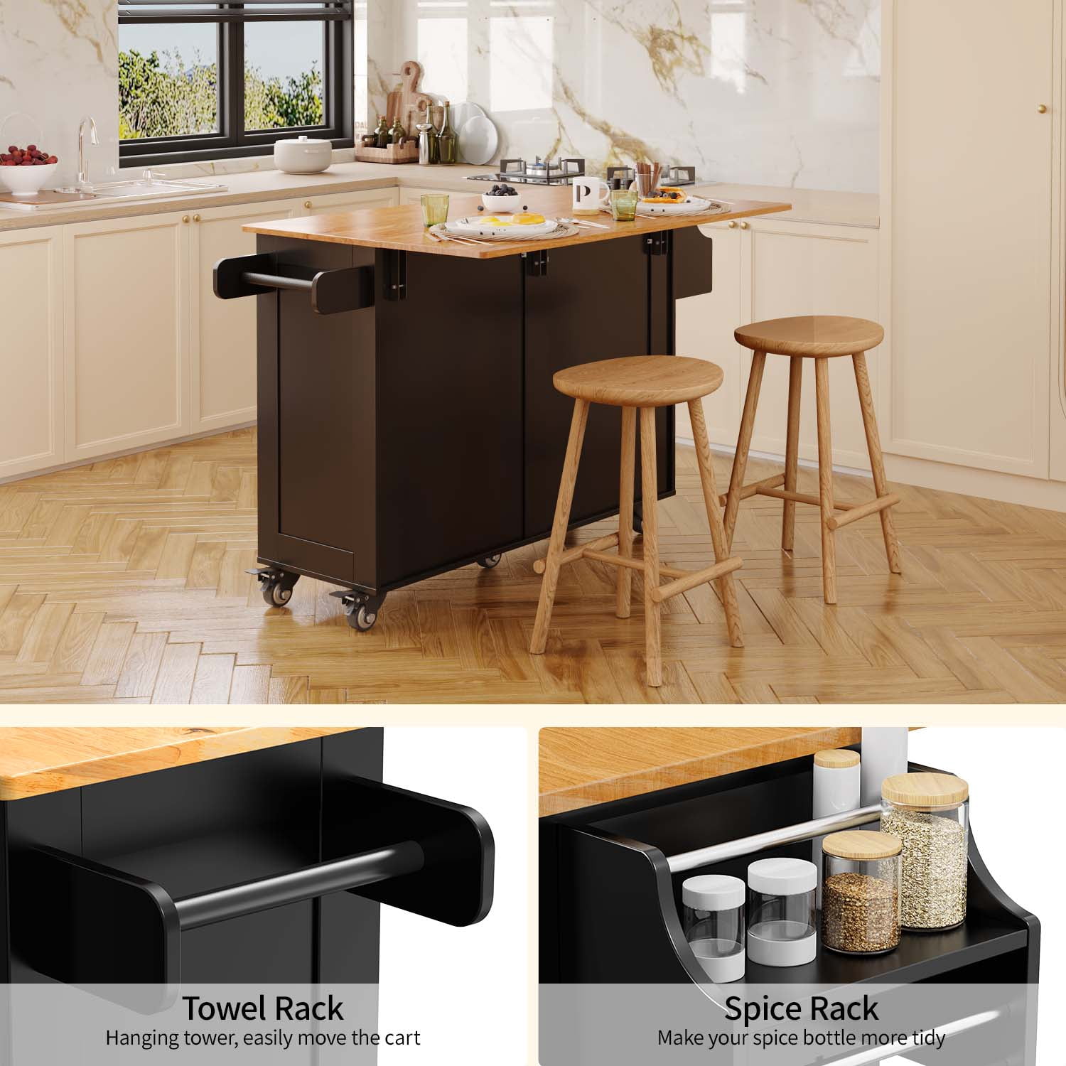 Kitchen Island with Storage, Lofka Kitchen Island Cart with Drop Leaf, for Dining Room|Living Room, Black