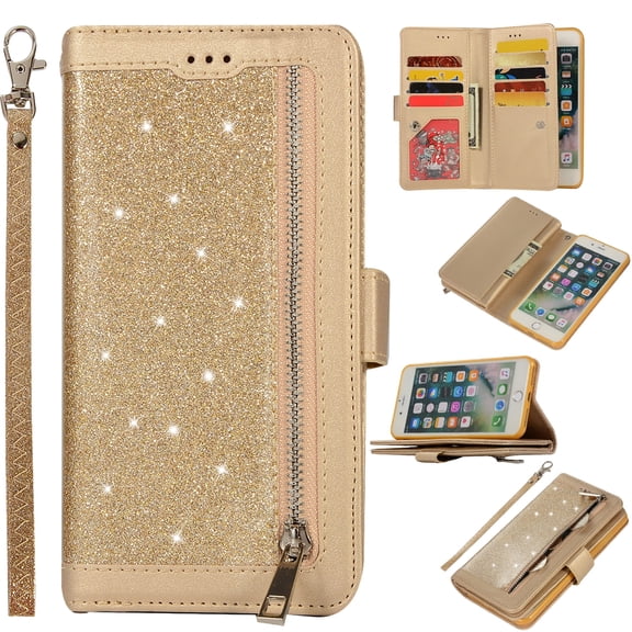 Zipper Wallet Case for iPhone 8 Plus iPhone 7 Plus 5.5-inch, Allytech Bling Glitter Leather Case with 9 Credit Card Holder Flip Magnetic Closure Stand Cover with Cash Pocket and Hand Strap, Gold