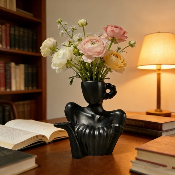 Plastic Statue Flower Vase,Modern Artistic Human Shape Decor Flower Vase,Small Black Vase for Table,Shelf,Living Room,Office,Bedroom,6.3x3.74 Inch