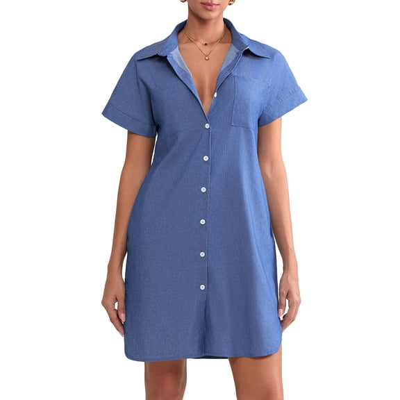 UPPADA Denim Dress for Women Summer Button Knee Length Dresses Solid Slim Short Sleeve Mini Dress Fashion Casual Dreeses