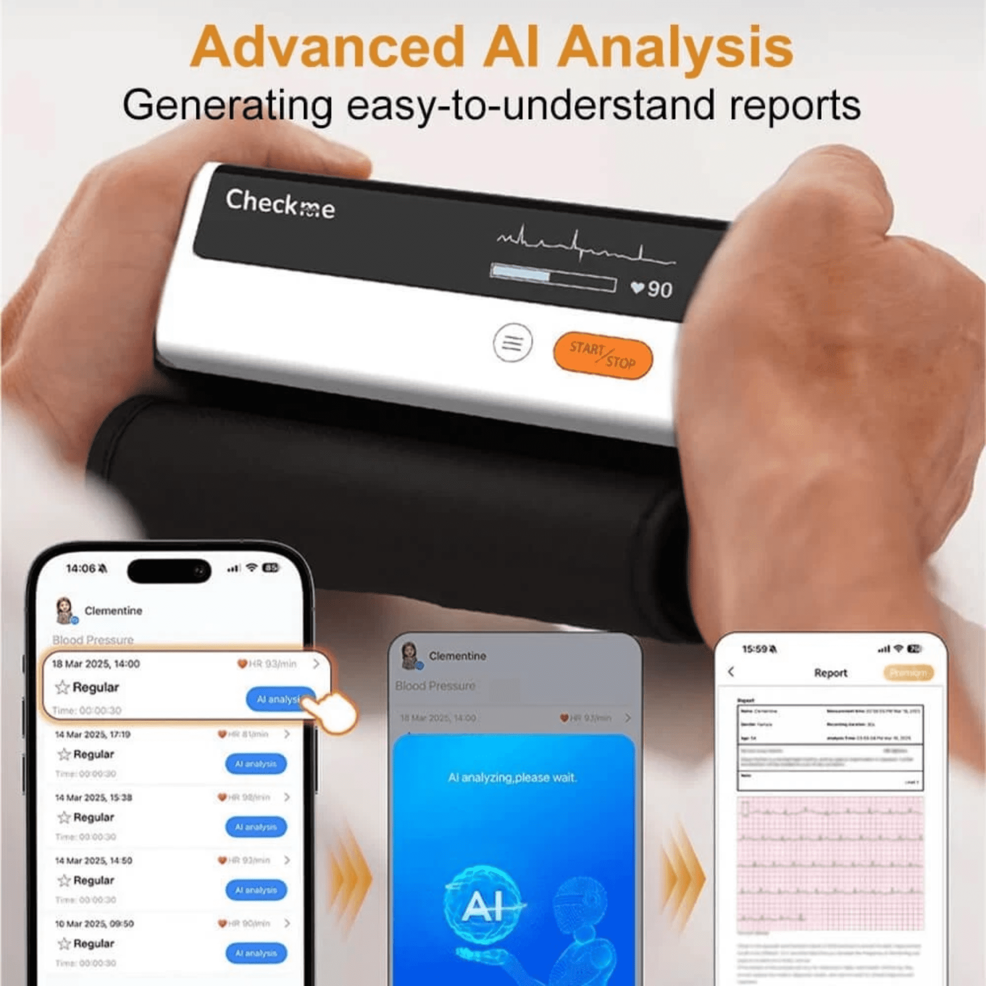 Open Box Checkme BP2 AI ECG/EKG + Blood Pressure Monitor with AI Analysis, 30s Quick Check, Red Dot Design Award Winner