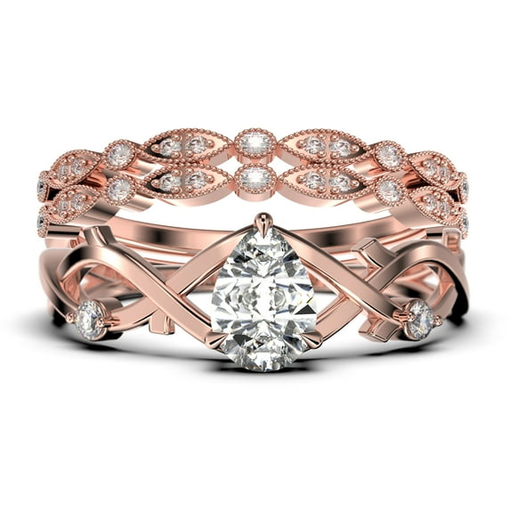 Boho & hippie 2.10 Carat Pear Cut Diamond Moissanite Unique Engagement Ring, Wedding Ring, Inspired And Branch Ring in 925 Sterling Silver With 18k Rose Gold Plating, Trio Ring Set