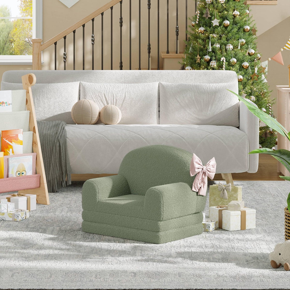Ataucjin 2-in-1 Kids Sofa Chair, Convertible Toddler Couch Lounge, Comfy Fold Out Teddy Fleece Fabric Children's Sofa Bed for Playroom, Bedroom, Nursery, Gift for Boys & Girls