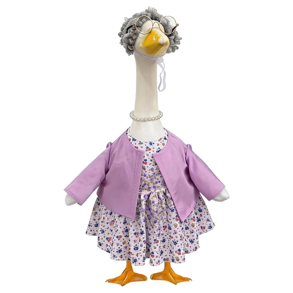 4 Piece Grandma Themed Outfit Set for 28-30 Inch Porch Goose with Floral Dress Lavender Jacket Glasses and Pearl Bracelet for Vintage Outdoor Decor