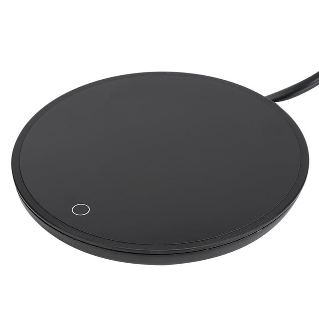 calentador de tazas jadeshay eléctrico impermeable al tacto construcción robusta almohadilla calentadora redonda negra, vista frontal con superficie de vidrio templado y borde ABS, botón táctil circular y cable; dos niveles de temperatura (luz azul baja, luz roja alta) y placa de aleación de aluminio que mantiene bebidas cerca de 55 ℃; portátil y apta para café, té o leche; también suele usarse para mantener caliente un frasco pequeño en viajes cortos.