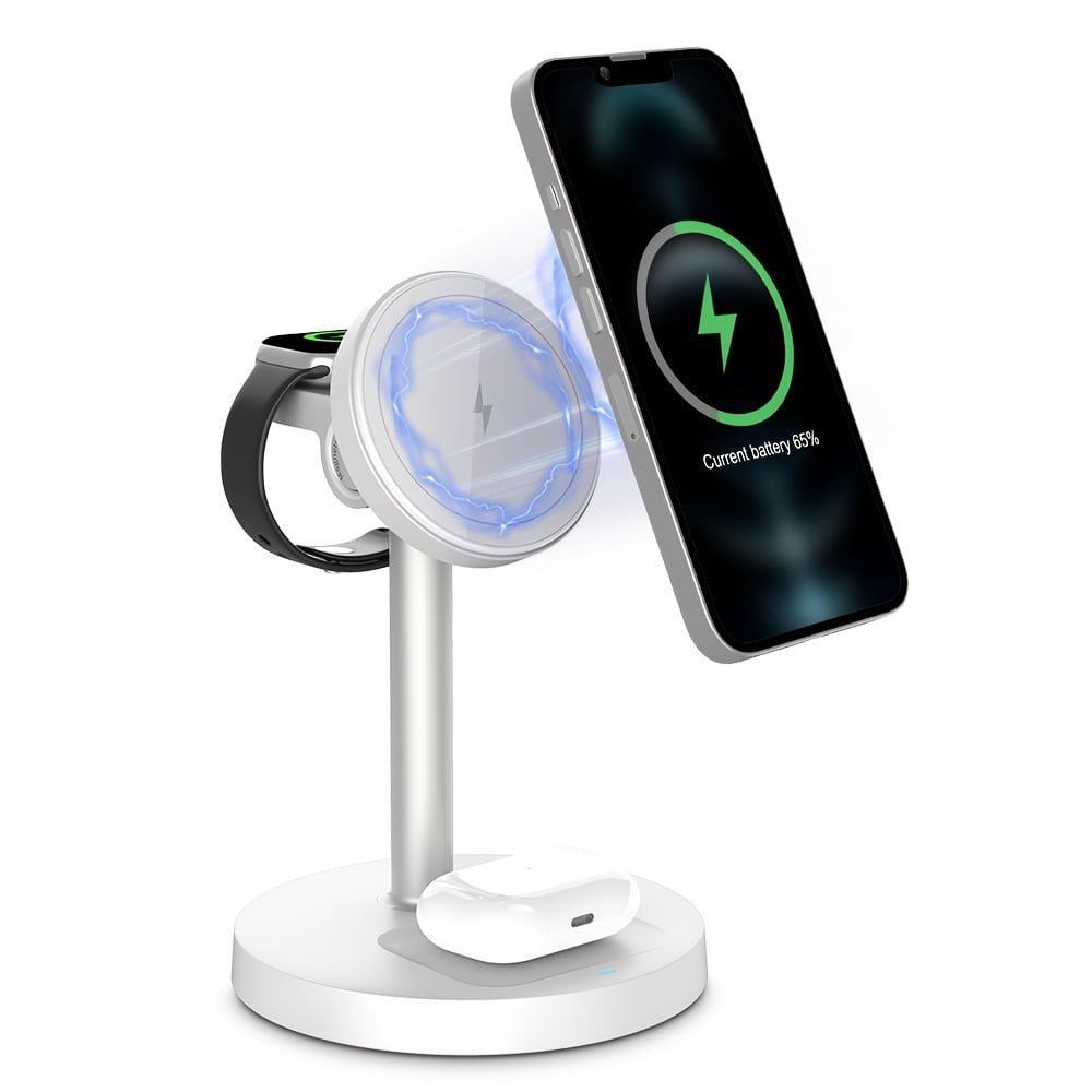 YIYUN 3-in-1 Magnetic Wireless Charger Stand – Cooling, Adjustable, for iPhone, Apple Watch & AirPods (White).
