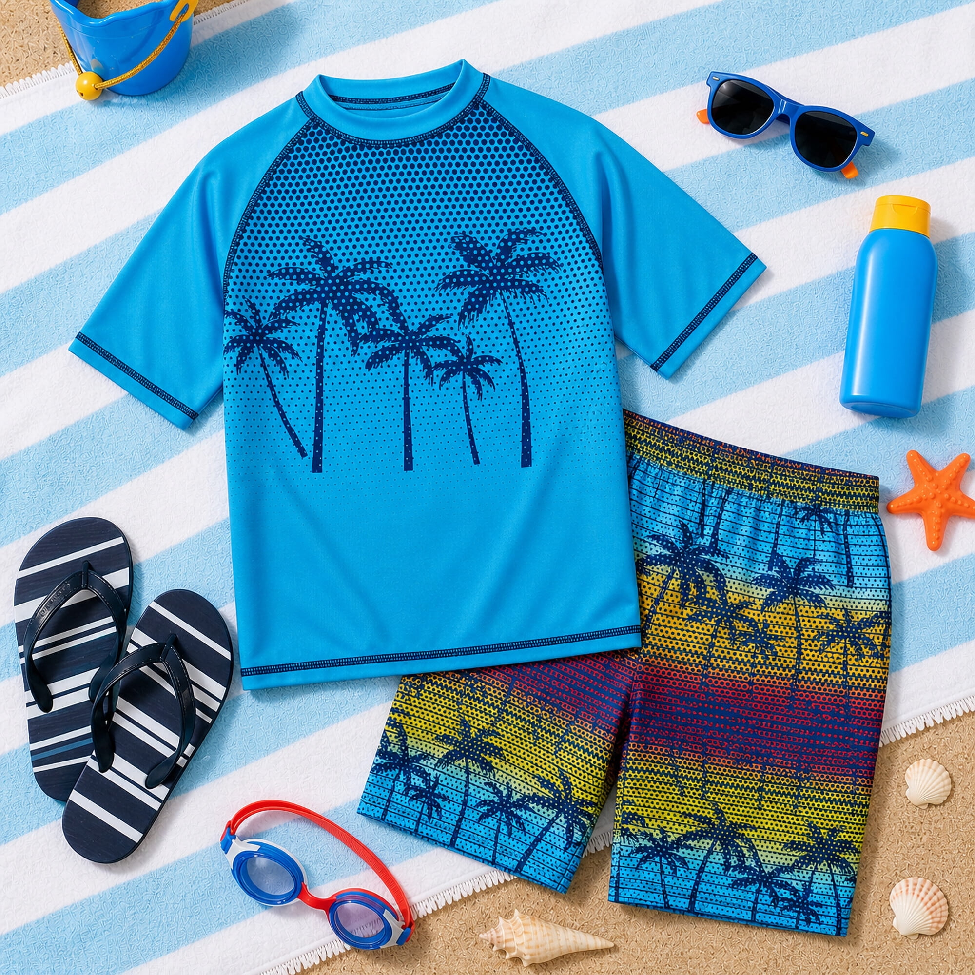 Big Chill Boys Swim Set - UPF50+ Short Sleeve Rash Guard Swim Shirt and Swim Trunks 2 Piece Set