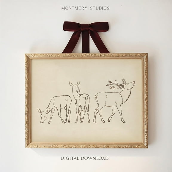 Vintage Deer Drawing, Reindeer Sketch, Rustic Deer Art Print Poster, Minimalist Deer Art, Antique Animal Sketch, Woodland Winter Decor Poster W Warm Present Vintage UNFRAMED Poster Size 8x12