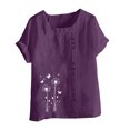thumbnail image 4 of QUNYINEY Crew Neck Shirts for Women Trendy Casual Pullover Short Sleeve Dandelion Tops Button Loose Linen Summer Tops for Women, 4 of 4