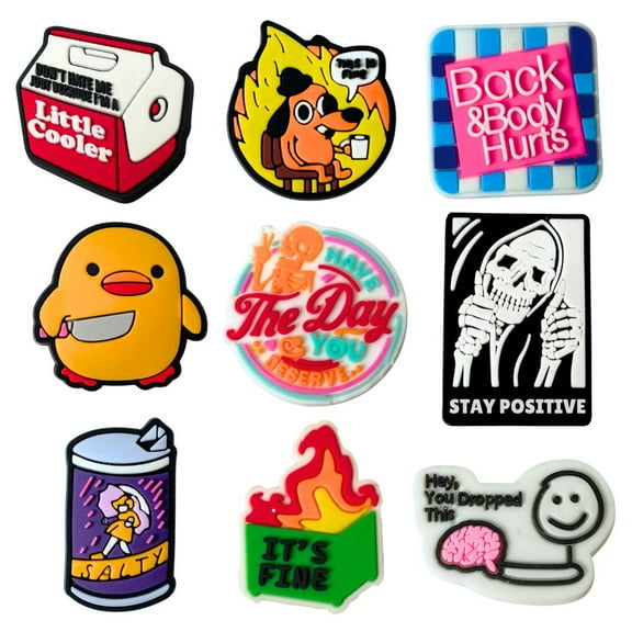 9PC Funny Shoe Charms Fun Cute Cool Meme Shoes Sarcastic Anime Cartoon Humor Charm for Adults Men Women Girls Boys Teen Dumpster Fire This is Fine Dog Duck Little Cooler Skeleton Accessories Gifts