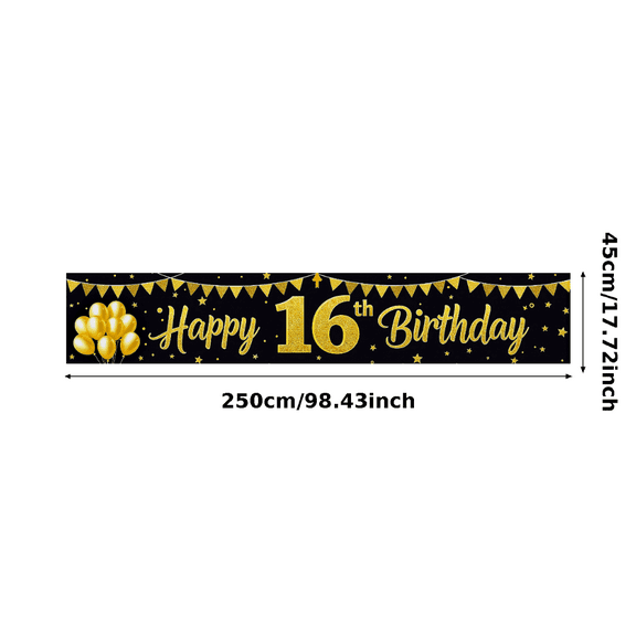 Black Background Happy 16th Birthday Banner with Golden Balloons Glittery Stars and Bunting Decors Birthday Party Backdrop Photography Props Party Supplies