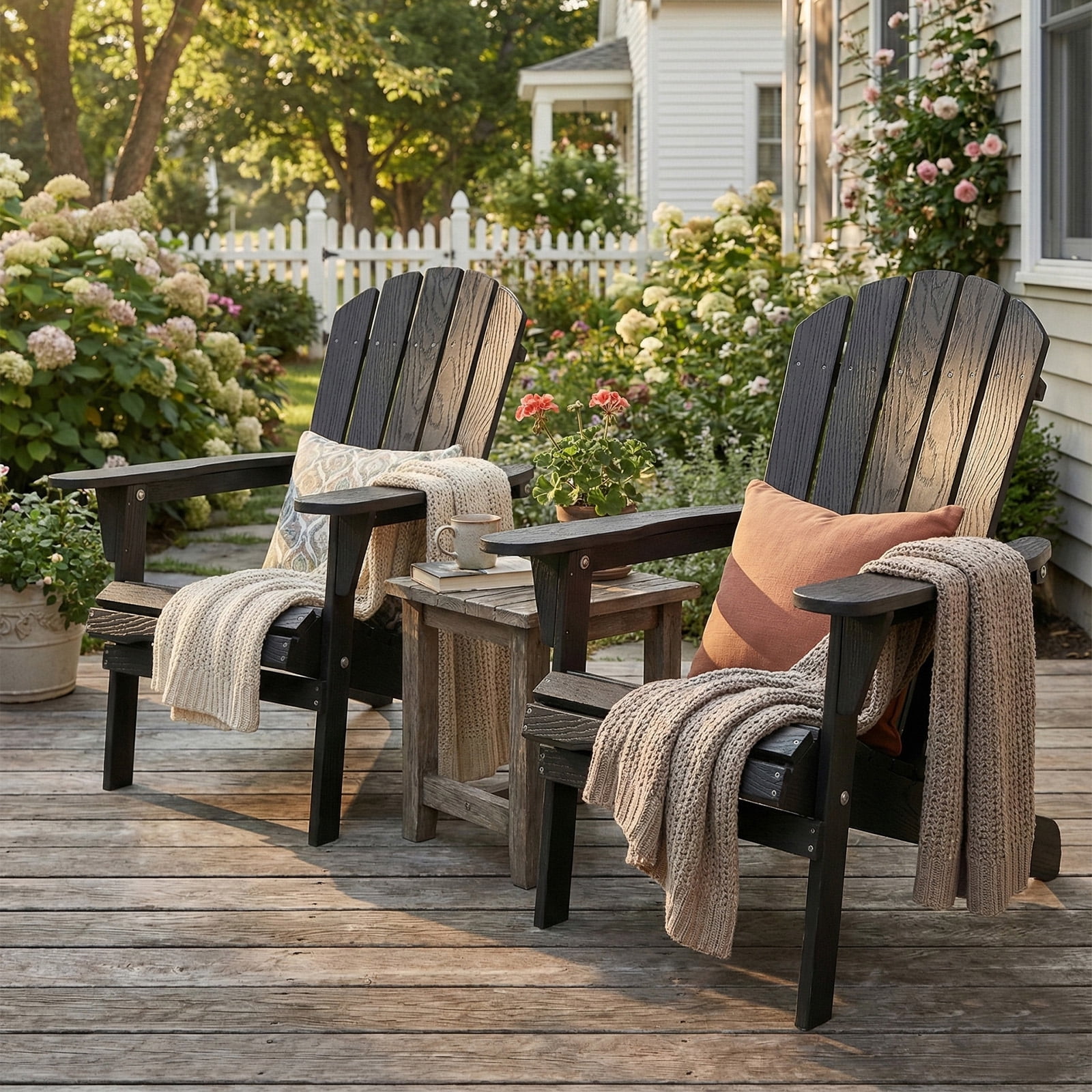 AISWORD Outdoor Folding Embossed Adirondack Chair Set of 2, Pre-Assembled BackRest Wood Lounge Chair, Black