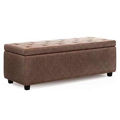 SIMPLIHOME Hamilton 48 inch Wide Rectangle Lift Top Storage Ottoman in Distressed Umber Brown Tufted Faux Air Leather with Large Storage Space for the Living Room, Entryway, Bedroom, Traditional