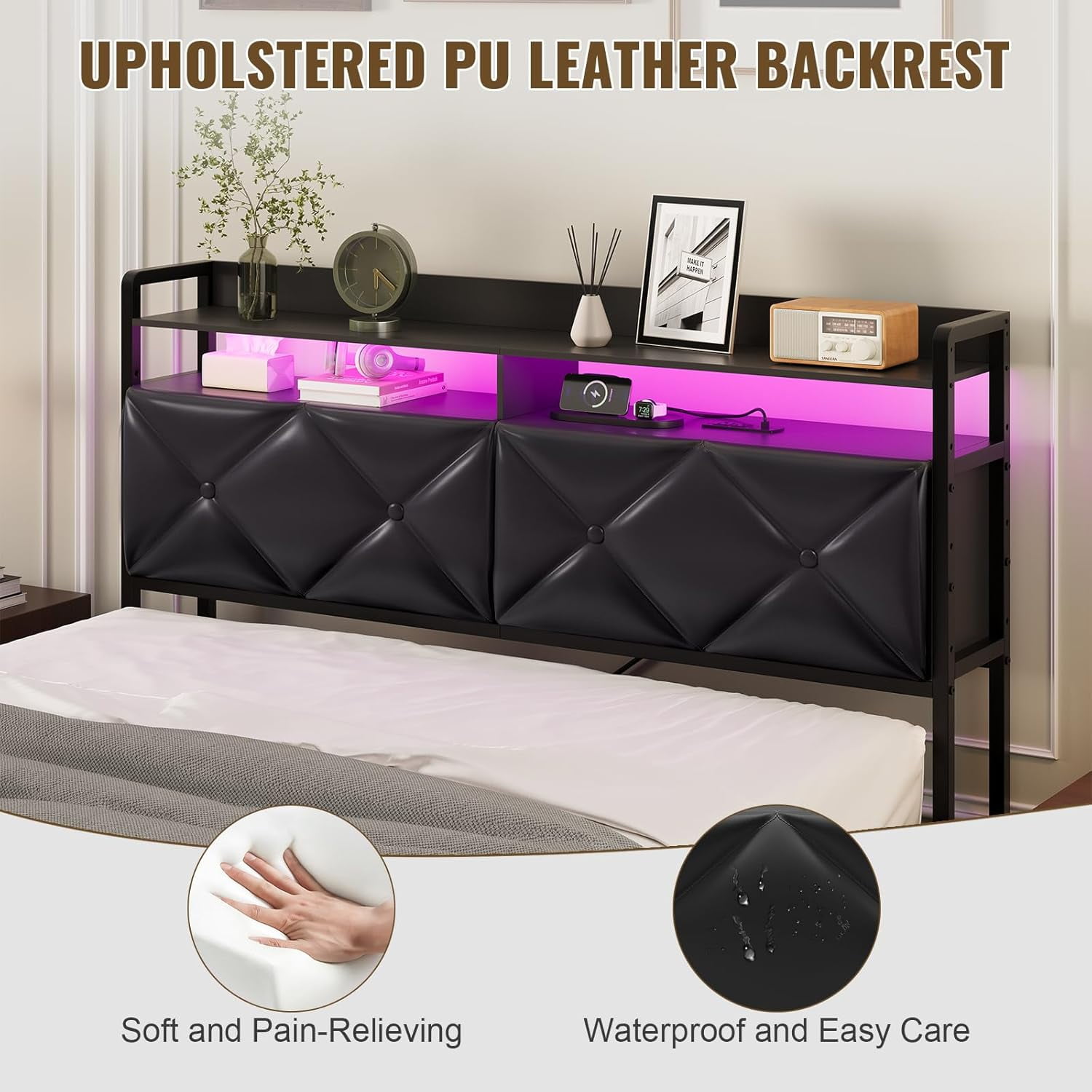 SELOOYE Headboard Queen Size with 2-Tier Open Space and Pull-Out Hidden Storage, Upholstered Headboard with Charging Station, Height Adjustable Sturdy Queen Bed Head Only, Easy Assembly, Black