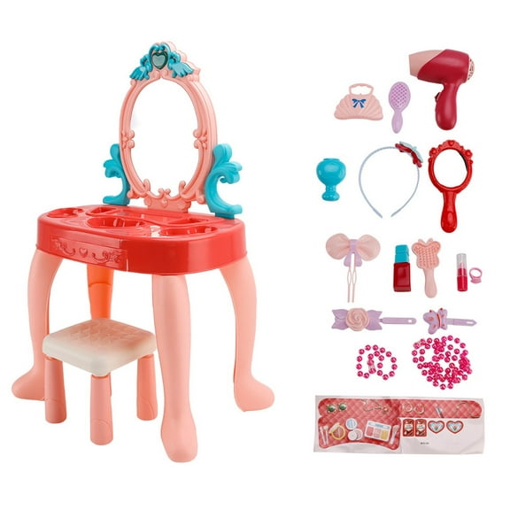 Kids Vanity Table and Chair Set with Mirror Light Music, Toddler Girls Makeup Table with Stool ＆ Hair Dryer, Pretend Play Princess Dress Up Vanity Set, Birthday Gifts for 3 Year Old Girl