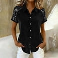 thumbnail image 2 of BLVB Women's Velvet Button down Shirts Sequin Splicing Short Sleeve Tops Casual Fashion Collared Shirts for Party Club, 2 of 5