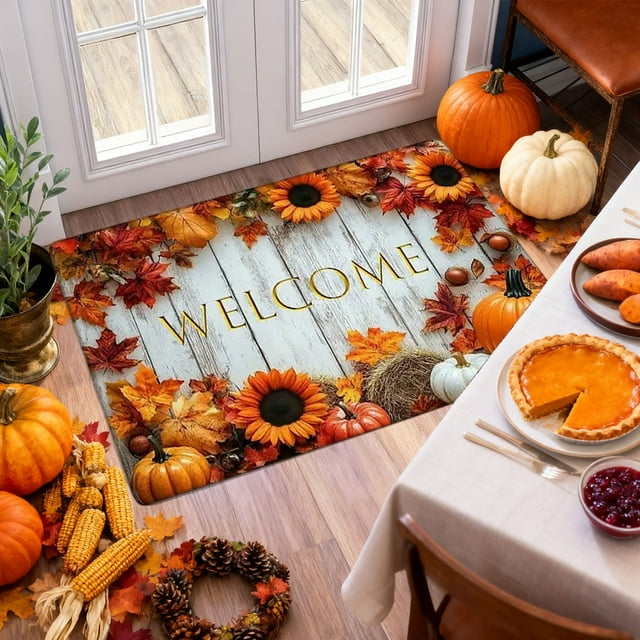 QIPOPIQ Autumn Welcome Area Rug Washable Outdoor Rugs Anti-Slip Soft Extra Thick Carpet Entryway Indoor Door Mat for Living Room Bedroom Home