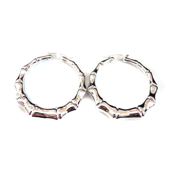 Large Bamboo Hoop Earrings Round Shiny Silver Tone  2.75 inch Hoop Earrings
