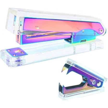 Office Stapler Staples Remover Set, Clear Acrylic Metallic Rainbow Tone Desk Executive Manual Staplers and Staple Remover Tool for Desktop Accessories Supplies (Clear & Rainbow)