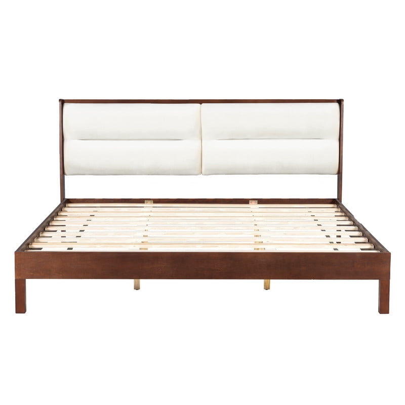 Wooden King Size Platform Bed with Velvet Upholstered Headboard, Low-Profile Bed Frame with Slat Support No Box Spring Needed