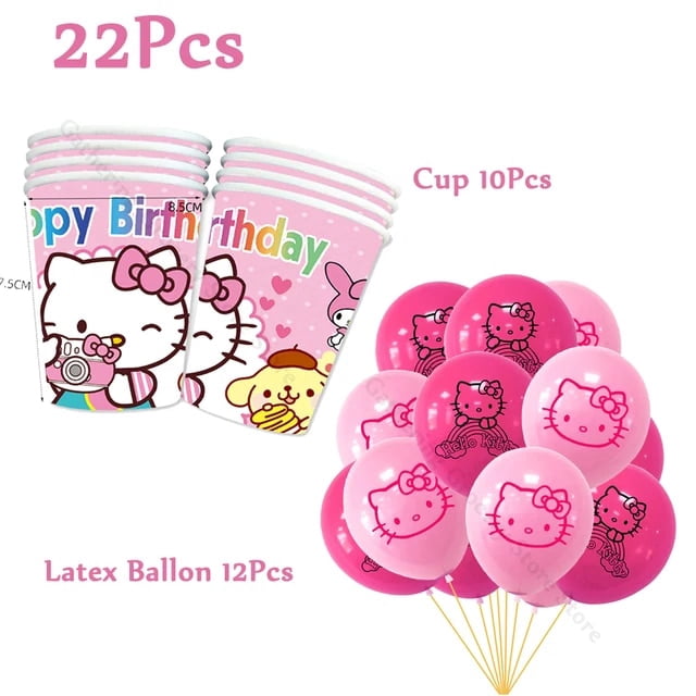 Hello Kitty Cartoon Party Supplies Paper Tableware Set Plate Cup Napkin Balloon Party Decoration Adult Wedding DIY Scene layout