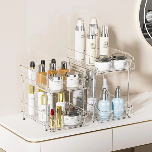 Mudeela 2 Pack Bathroom Plastic Under Sinks Organizer, 2 Tier Clear Cabinet Pull out Organizers Countertop 10.86'' Height