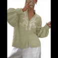 thumbnail image 3 of Camisas de Bordadas para Mujer, Blusa con Cuello en V y Mangas Abotonadas Verde XL, 3 of 10