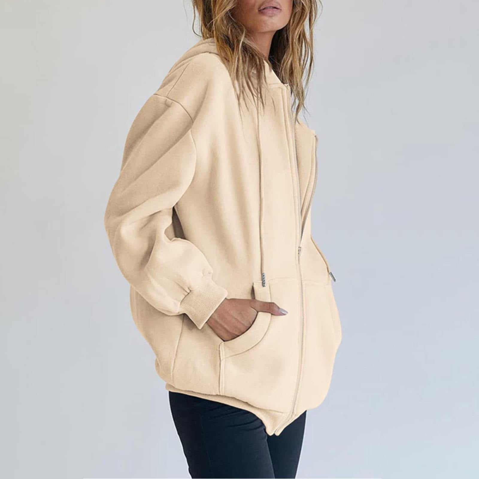 Women's Fall Jacket Oversized Pocket Sweatshirt Casual Drawstring Clothing Zipper Track Jacket Solid Color Long Sleeve Hooded Top