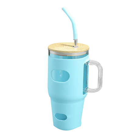 

32 Oz Glass with Lid and Straw Glass Water Bottles with Handle Glass Cup with Silicone Sleeve Cup Holder Blue
