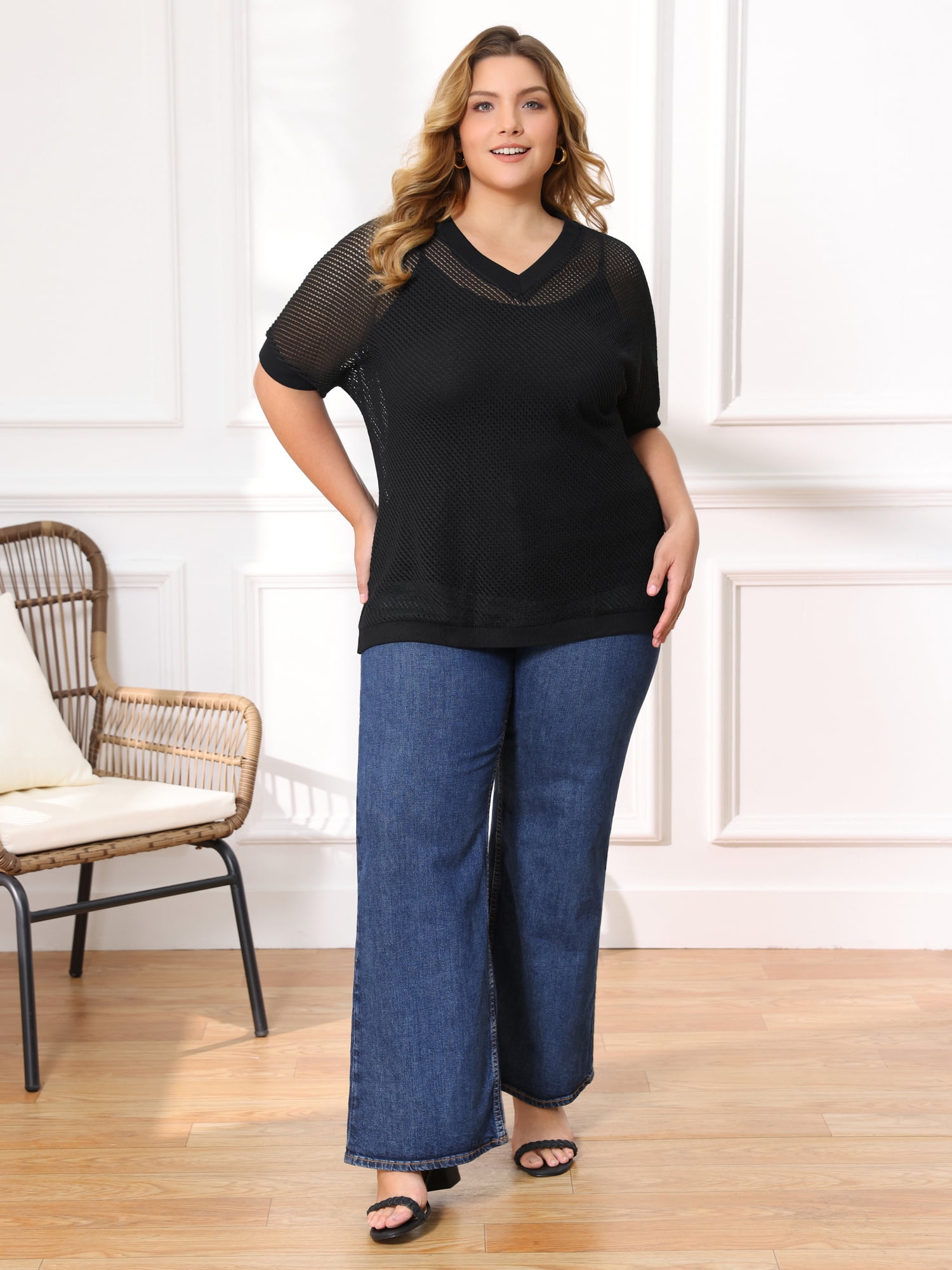DARING DIVA Women's Plus Half Sleeve Waffle Knit Blouse Casual Top 2X Black