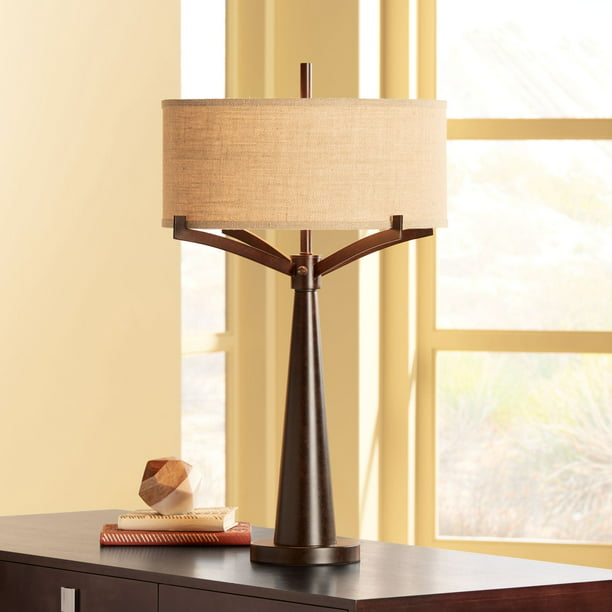 Mid Century Modern Table Lamp, Franklin Iron Works Tremont Floor Lamp With Burlap Shade