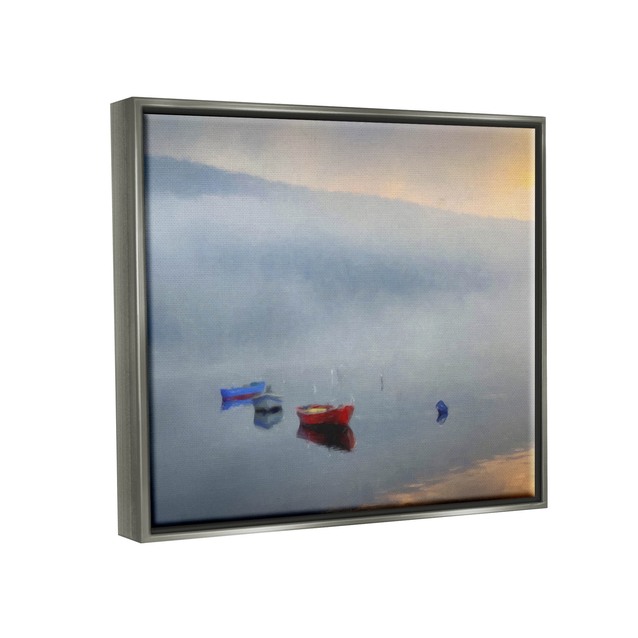 Misty Lake Canoes Fog Scene Landscape Painting Luster Gray Framed Art Print Wall Art