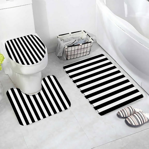 Black and White Striped Bath Mat Set Modern Minimalist Geometric Carpet Flannel Bathroom Decor U-shaped Rugs Toilet Lid Cover